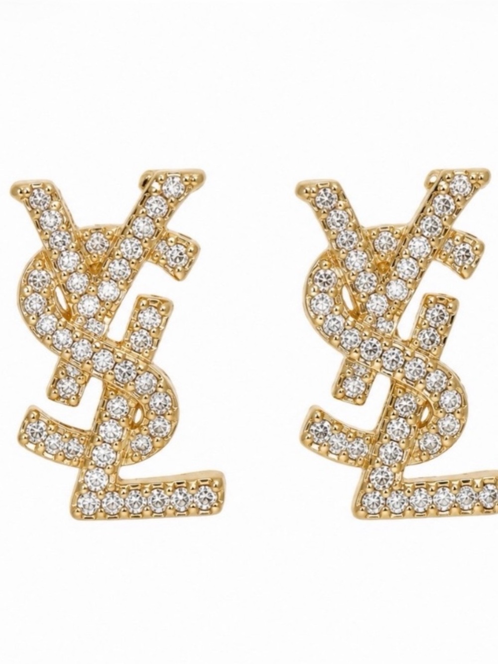 Yves Saint Laurent Gold YSL Crystal Logo Stud Earrings